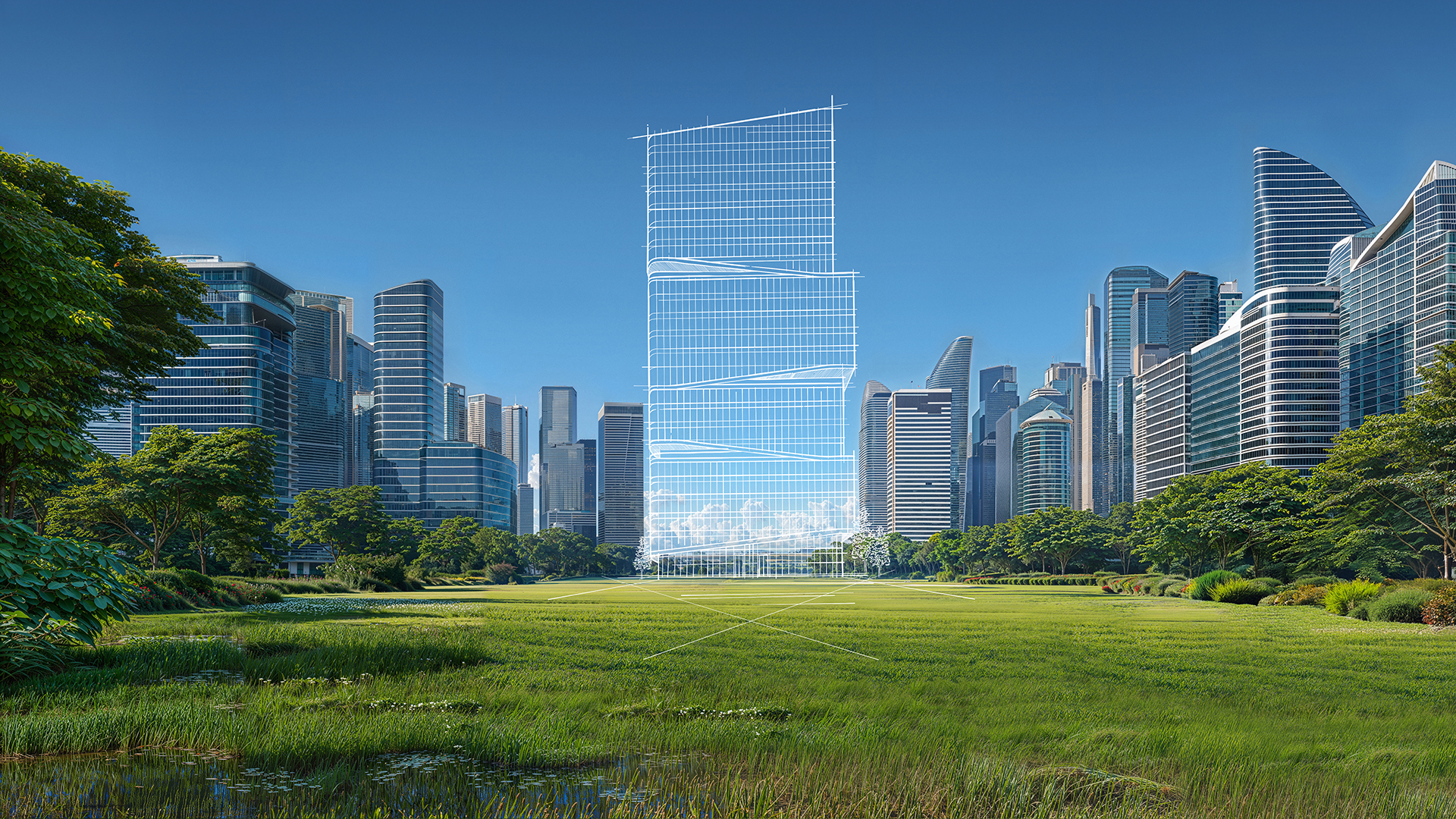 En skyskrapa under konstruktion omgiven av moderna byggnader och grönska.